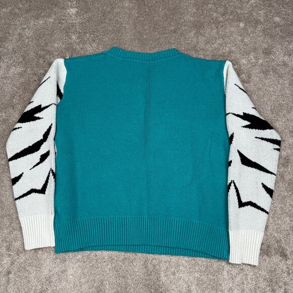 Teal Wolf Graphic Sweater Size S Grunge Indie Animal Print Knit Y2K Alt Cozy - Picture 3 of 6